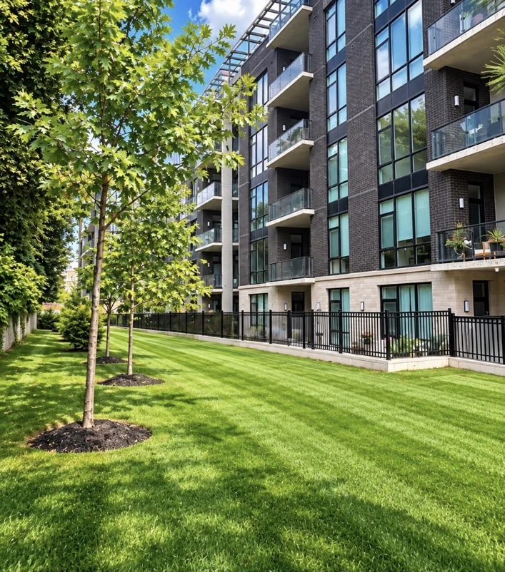 Mown lawn and mulched tree rings beside a modern condominium building and black metal fencing.