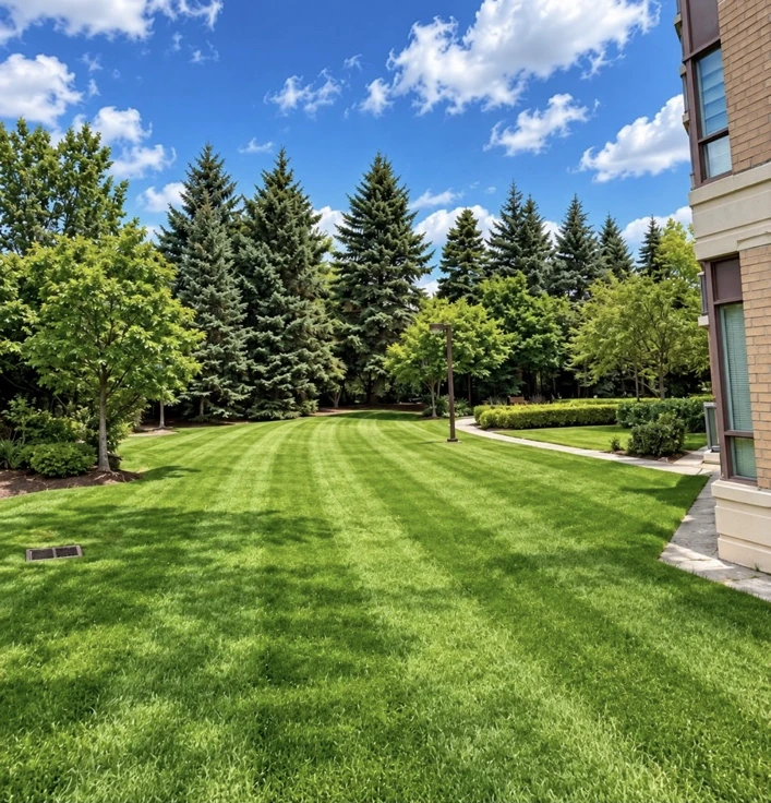Striped condominium courtyard lawn with evergreen trees, garden beds and a curving walkway.