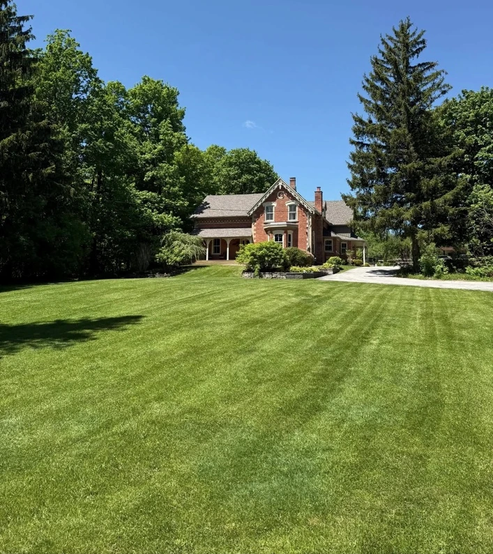 Maintained estate lawn and mature trees in front of a red-brick house.
