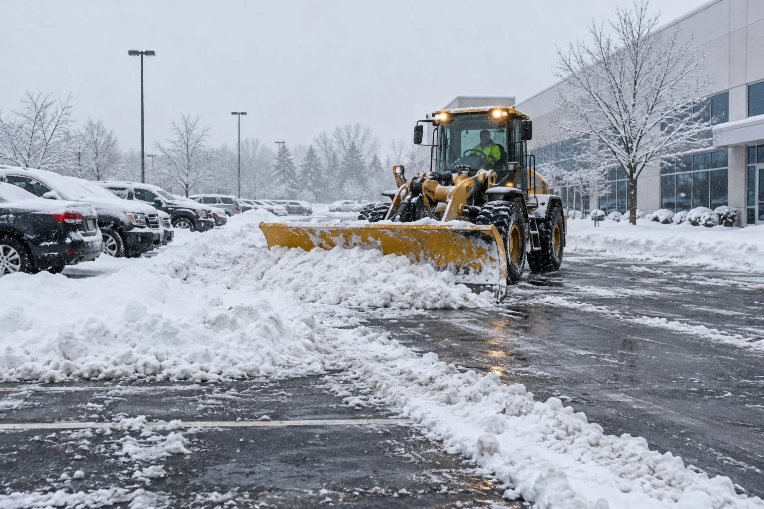 A loader with a wide snow pusher clearing a commercial parking lot during snowfall.